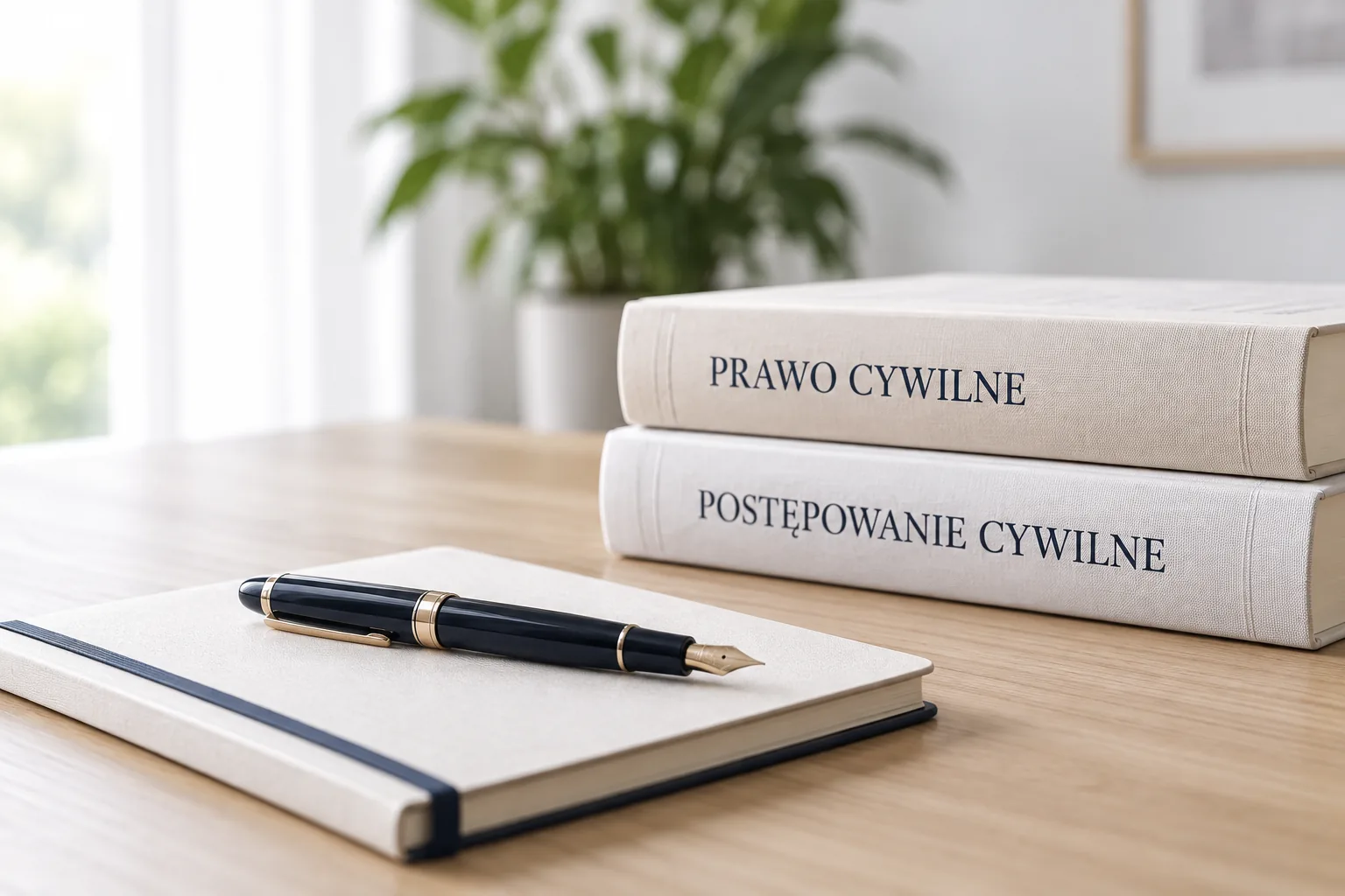 Kodeksy prawa cywilnego, notatnik i pióro na biurku